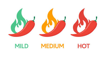 Red chili pepper strength scale indicators. Mild, medium, hot chilli pepper spice levels for dishes in menu markingのイラスト素材