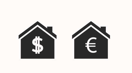 Money House Icon Set. Vector isolated lfat editable illustration of houses with dollar and euro signsのイラスト素材