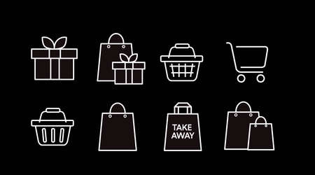 Black and White Shopping Icon Set, with Shopping Bags and Carts. Vector Isolated Illustrationのイラスト素材
