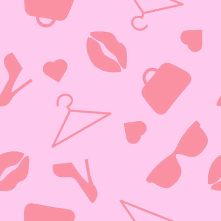Fashion Pink Seamless Pattern. Vector seamless pattern or background with fashion elements, bags, kisses, hearts, shoesのイラスト素材