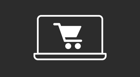Online Shopping Icon. Vector black and white isolated editable illustration of a laptop with a cartのイラスト素材
