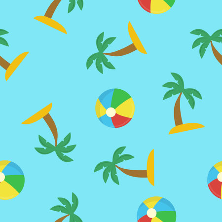 Vector Illustration palm Trees and Beach Balls Seamless Pattern or Background