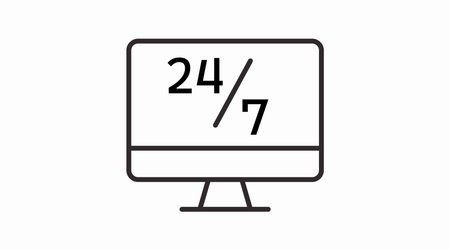 Clean black and white vector icon of a computer displaying â€œ24/7,â€ ideal for...