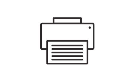 Clean black line vector icon of a printer, representing printing, office equipment, documents, paper...