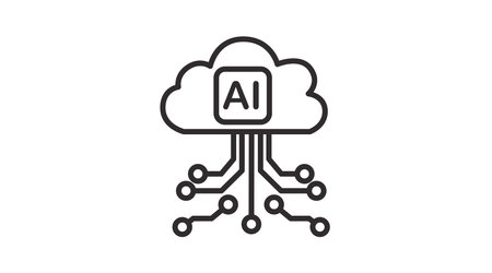 Artificial intelligence cloud computing icon with circuit lines, digital network storage and machine learning technology symbol in black line style.のイラスト素材