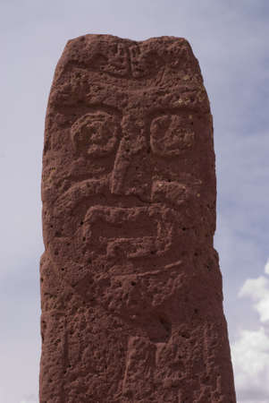 Central Sculpture at Semi-subterranean Temple in Tiwanaku, Bolivia. Declared UNESCO World Heritage Siteの写真素材