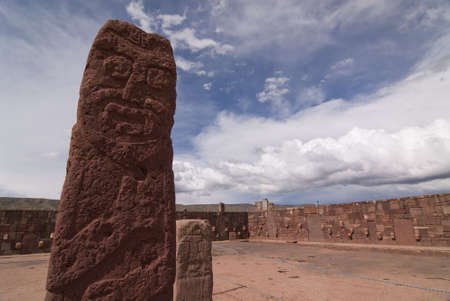 Central Sculpture at Semi-subterranean Temple in Tiwanaku, Bolivia. Declared UNESCO World Heritage Siteの写真素材