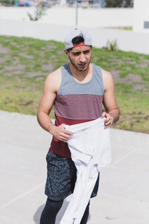 Getting ready to do a workout in the park.の写真素材