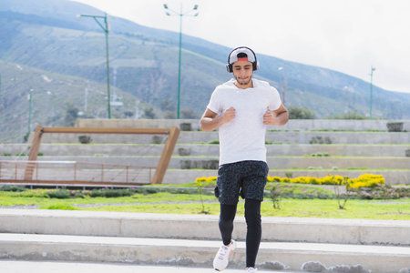 Young man listening to music to perform different exercises and get inspired.