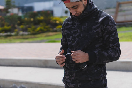 Young man doing different warm-up and cardio exercises in the park.の写真素材