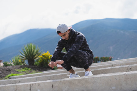 Young man doing different warm-up and cardio exercises in the park.の写真素材