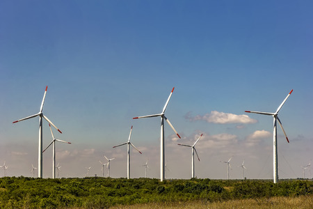 Wind turbine farm under the blue day sky