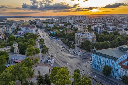Varna, Bulgaria - July 12, 2019: Aerial view of the city center and The Cathedral of the Assumption in Varna, Bulgaria. Summer sunset.のeditorial素材