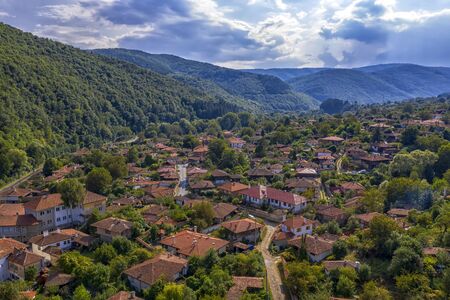 Beauty aerial view from drone of a small mountain village. Ichera, Bulgariaの写真素材