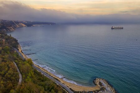 A beautiful aerial view from drone to the coastline, Black sea near Varna, Bulgariaの写真素材