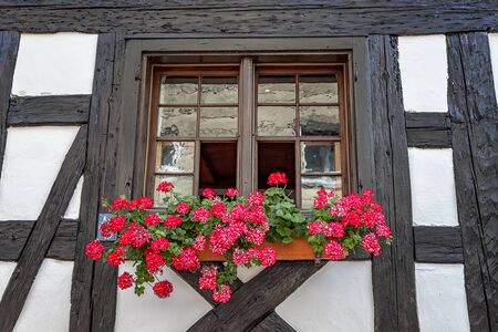 Beautiful old window frame with flower box. Geranium or cranesbill in a window box. Rural window frame.の写真素材