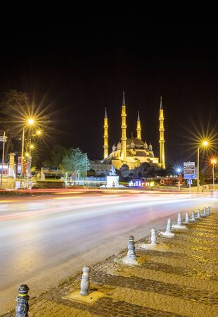 Edirne, Turkey - August 28, 2019: Amazing night view at the streets in Edirne and Selimiye Mosque. Vertical viewのeditorial素材