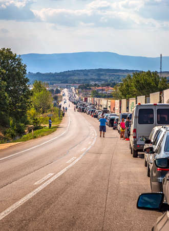 Turkey Border, Turkey - August 30, 2019. Trucks and cars waiting in long lines to cross the international borderのeditorial素材