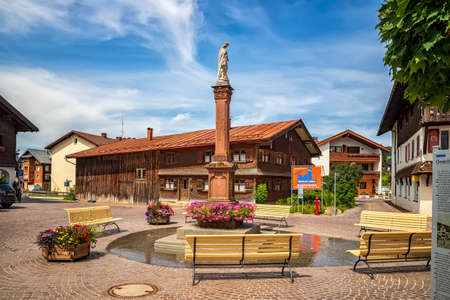 Oberstaufen, Germany - July 22, 2019: Beautiful old square of the town with benchesのeditorial素材