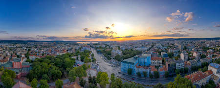 Varna, Bulgaria - July 12, 2019; Aerial view from the drone of the magnificent sunset over centrum...
