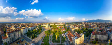 Sofia, Bulgaria - July 05, 2019: Amazing aerial panorama of the city center and Church Aleksander...