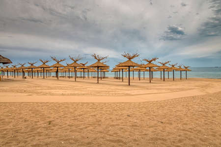 Beauty wooden umbrellas in a row of empty sandy beachの写真素材
