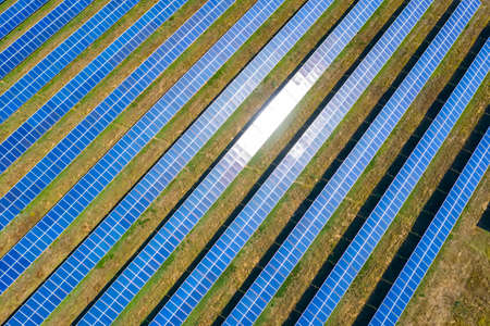Aerial top view from drone of field of solar panelsの写真素材