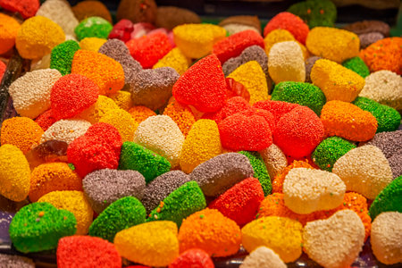 Many colorful sweets with sugar and flavor fruit. Horizontal view.の写真素材