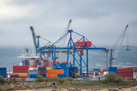 Port cranes ready to load containers from cargo ships. horizontal view