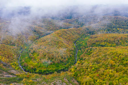 From the clouds a big curve of river Veleka in Strandja mountain Bulgaria