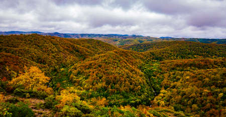 Colorful autumn mountain hills and big curve of river Veleka in Strandja mountain Bulgariaの写真素材