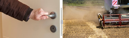 Close-up view of male hand opening door to harvest place. Banner view