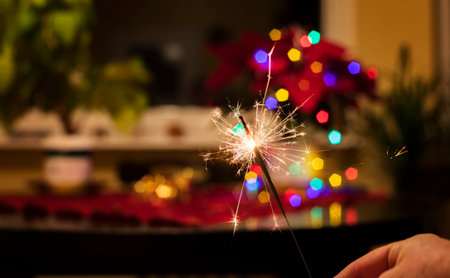 Burning Sparklers in a Hand in Winter Evening. New Year Celebration Party.の写真素材
