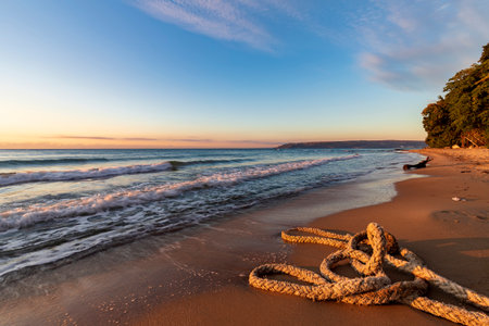 Scenic view of boat rope on the beach with the sky during sunriseの写真素材