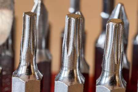 Set of bits for a screwdriver. Metal bits close up.の写真素材