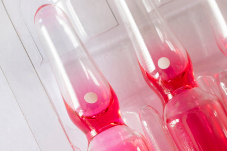 Injectable solution ampoules used to supplement vitamin B12. Close-up.の写真素材