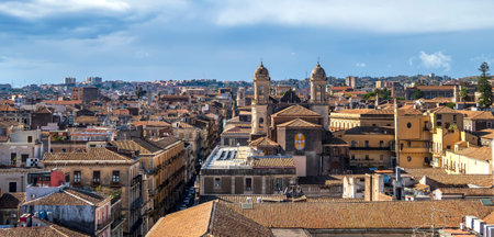 View of the historical city Catania, Sicily, Italy taken from above from roofs of historical buildings in the old town. The city is a popular tourist destinationの写真素材