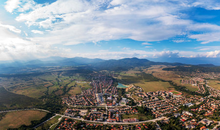 Aerial panoramic view of the town of Hisarya, Plovdiv Region, Bulgariaの写真素材
