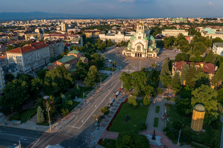 Aerial panorama of the city center and Church Alexander Nevsky, Sofia Bulgariaの写真素材