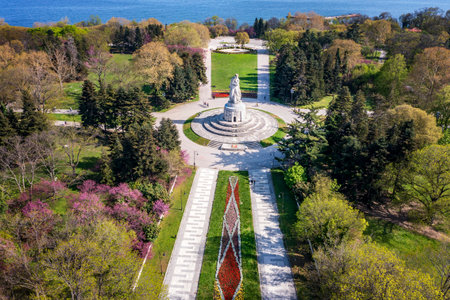 Aerial view of the decorated sea garden and The Pantheon of the Fallen of the Wars