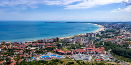 Aerial panorama drone view of bay Sunny Beach, and Sveti Vlas, Bulgariaの写真素材
