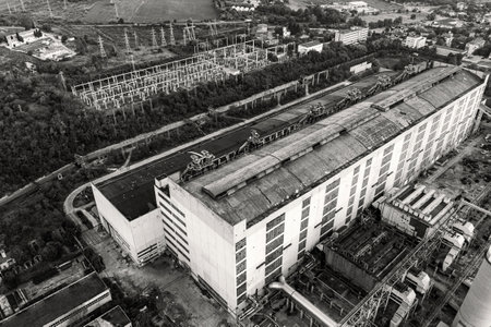 Aerial view from a drone of a thermal power plant. Black and whiteの写真素材