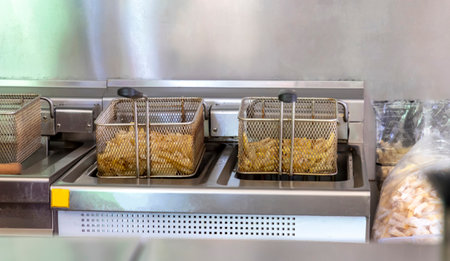 Ready potatoes for frying at the potato fryer. Fast food restaurant concept, kitchen equipmentの写真素材