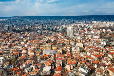 Aerial view from a drone over the cityの写真素材