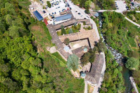 Aerial view of Medieval Troyan Monastery of Assumption, Lovech region, Bulgaria