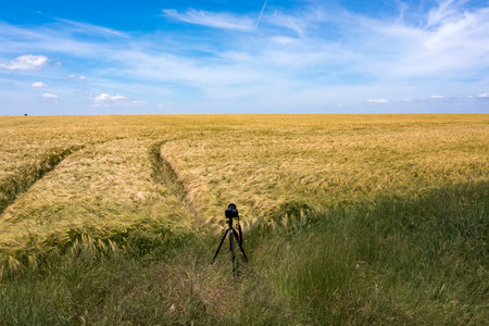 A camera on a tripod shooting landscapeの写真素材