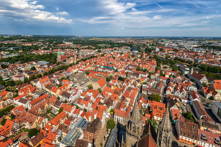 View of the red roofs of the city from above, Ulm, Germanyの写真素材