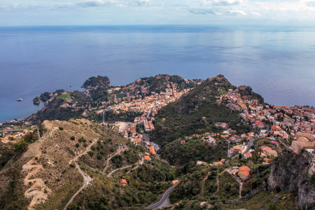 Aerial view of hills of Taormina city, Sicily, Italyの写真素材