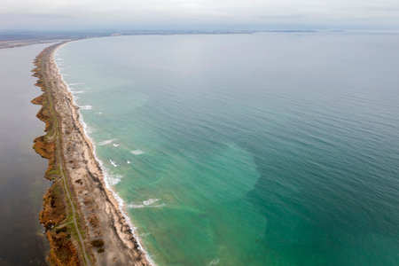 Aerial view of an incredibly long strip of land near Pomorie, Bulgariaの写真素材