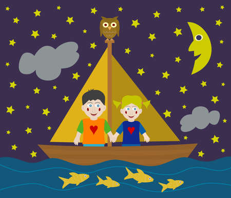 Kids sailing adventure into the nightのイラスト素材